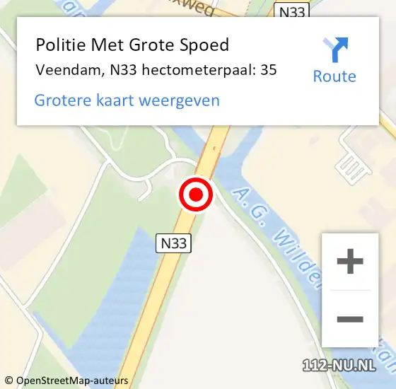 Locatie op kaart van de 112 melding: Politie Met Grote Spoed Naar Veendam, N33 hectometerpaal: 35 op 21 oktober 2024 19:13