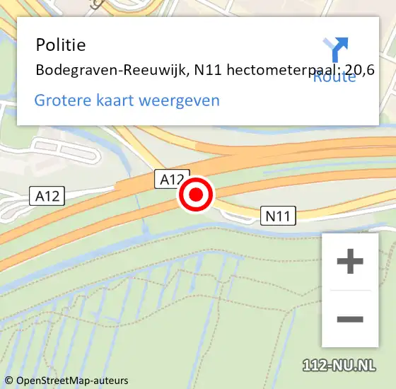 Locatie op kaart van de 112 melding: Politie Bodegraven-Reeuwijk, N11 hectometerpaal: 20,6 op 21 oktober 2024 21:21