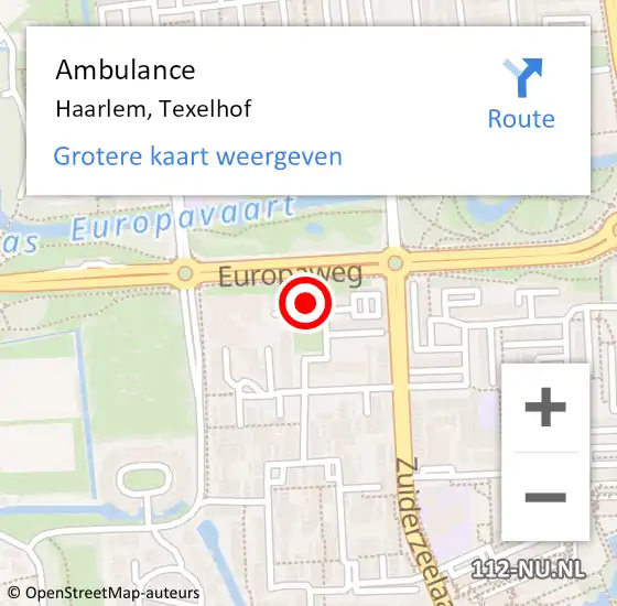 Locatie op kaart van de 112 melding: Ambulance Haarlem, Texelhof op 21 oktober 2024 21:43