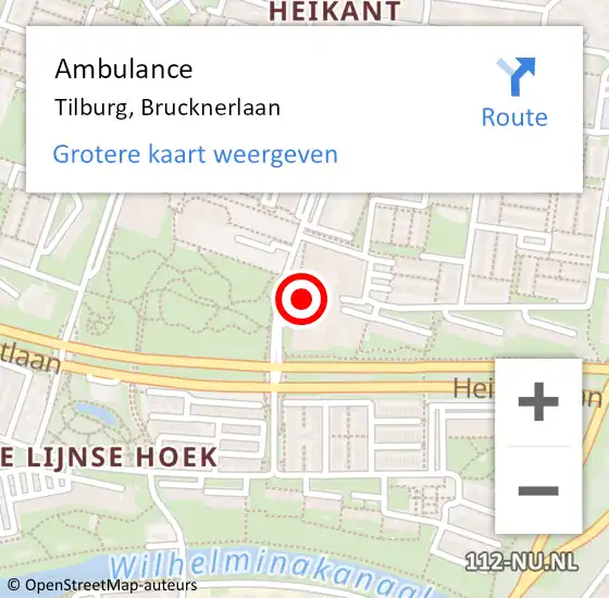 Locatie op kaart van de 112 melding: Ambulance Tilburg, Brucknerlaan op 21 oktober 2024 22:25