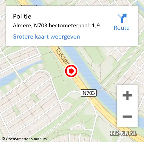 Locatie op kaart van de 112 melding: Politie Almere, N703 hectometerpaal: 1,9 op 21 oktober 2024 22:48