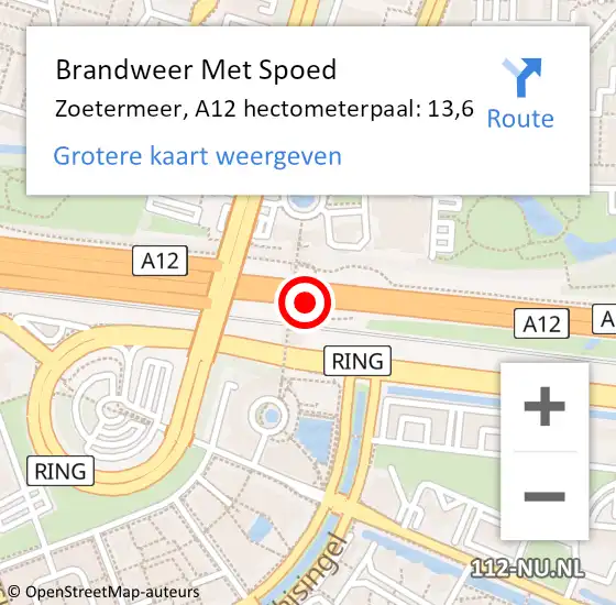 Locatie op kaart van de 112 melding: Brandweer Met Spoed Naar Zoetermeer, A12 hectometerpaal: 13,6 op 22 oktober 2024 01:46