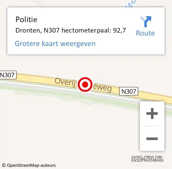 Locatie op kaart van de 112 melding: Politie Dronten, N307 hectometerpaal: 92,7 op 22 oktober 2024 02:15