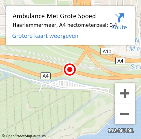 Locatie op kaart van de 112 melding: Ambulance Met Grote Spoed Naar Haarlemmermeer, A4 hectometerpaal: 0,4 op 22 oktober 2024 05:00