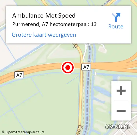 Locatie op kaart van de 112 melding: Ambulance Met Spoed Naar Purmerend, A7 hectometerpaal: 13 op 22 oktober 2024 05:46