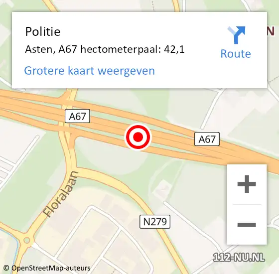 Locatie op kaart van de 112 melding: Politie Asten, A67 hectometerpaal: 42,1 op 22 oktober 2024 06:46