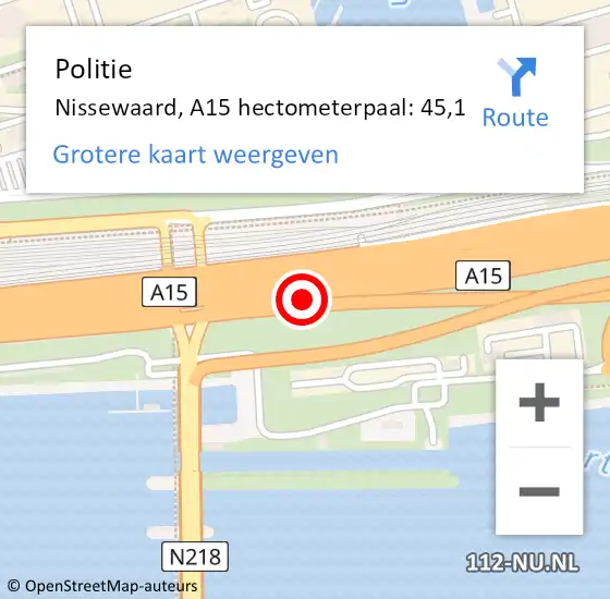 Locatie op kaart van de 112 melding: Politie Nissewaard, A15 hectometerpaal: 45,1 op 22 oktober 2024 06:56