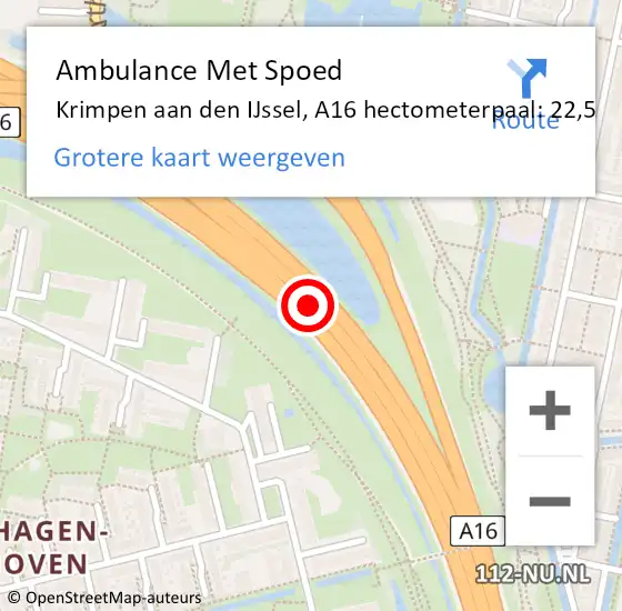 Locatie op kaart van de 112 melding: Ambulance Met Spoed Naar Krimpen aan den IJssel, A16 hectometerpaal: 22,5 op 22 oktober 2024 06:56