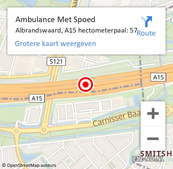 Locatie op kaart van de 112 melding: Ambulance Met Spoed Naar Albrandswaard, A15 hectometerpaal: 57 op 22 oktober 2024 07:06