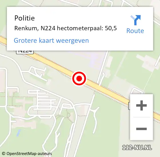 Locatie op kaart van de 112 melding: Politie Renkum, N224 hectometerpaal: 50,5 op 22 oktober 2024 07:22