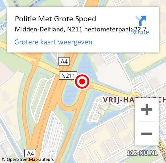 Locatie op kaart van de 112 melding: Politie Met Grote Spoed Naar Midden-Delfland, N211 hectometerpaal: 22,7 op 22 oktober 2024 07:43