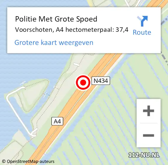 Locatie op kaart van de 112 melding: Politie Met Grote Spoed Naar Voorschoten, A4 hectometerpaal: 37,4 op 22 oktober 2024 07:44