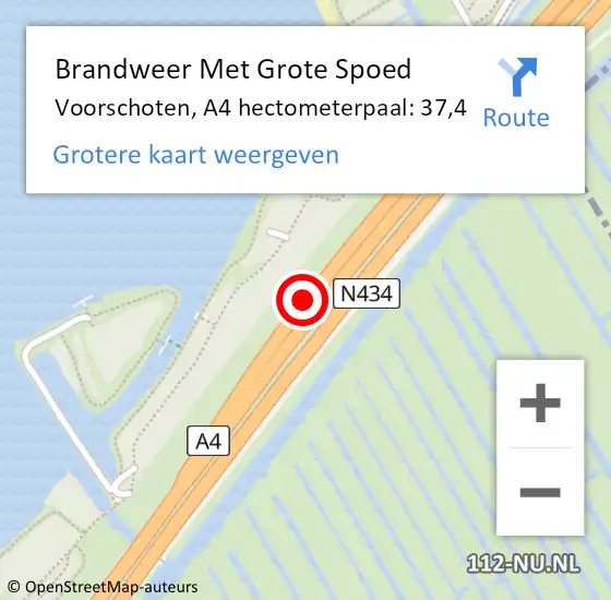 Locatie op kaart van de 112 melding: Brandweer Met Grote Spoed Naar Voorschoten, A4 hectometerpaal: 37,4 op 22 oktober 2024 07:53