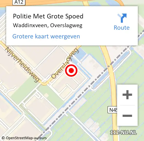 Locatie op kaart van de 112 melding: Politie Met Grote Spoed Naar Waddinxveen, Overslagweg op 22 oktober 2024 08:03