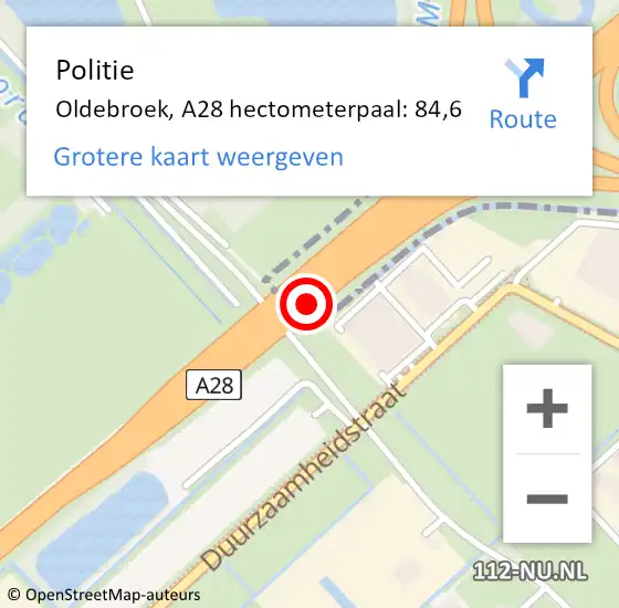 Locatie op kaart van de 112 melding: Politie Oldebroek, A28 hectometerpaal: 84,6 op 22 oktober 2024 08:12