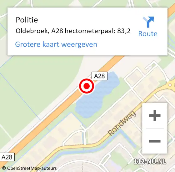 Locatie op kaart van de 112 melding: Politie Oldebroek, A28 hectometerpaal: 83,2 op 22 oktober 2024 08:12