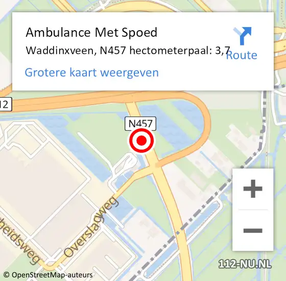 Locatie op kaart van de 112 melding: Ambulance Met Spoed Naar Waddinxveen, N457 hectometerpaal: 3,7 op 22 oktober 2024 08:20