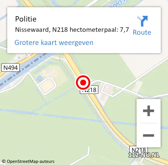 Locatie op kaart van de 112 melding: Politie Nissewaard, N218 hectometerpaal: 7,7 op 22 oktober 2024 08:25