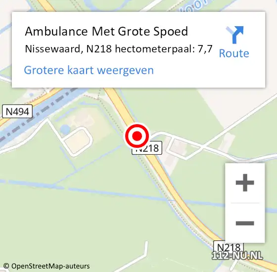 Locatie op kaart van de 112 melding: Ambulance Met Grote Spoed Naar Nissewaard, N218 hectometerpaal: 7,7 op 22 oktober 2024 08:25