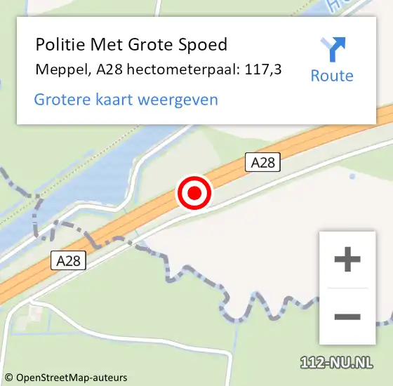 Locatie op kaart van de 112 melding: Politie Met Grote Spoed Naar Meppel, A28 hectometerpaal: 117,3 op 22 oktober 2024 08:34