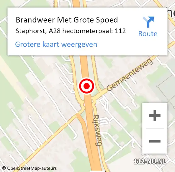 Locatie op kaart van de 112 melding: Brandweer Met Grote Spoed Naar Staphorst, A28 hectometerpaal: 112 op 22 oktober 2024 08:35