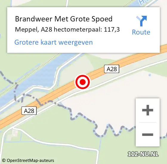 Locatie op kaart van de 112 melding: Brandweer Met Grote Spoed Naar Meppel, A28 hectometerpaal: 117,3 op 22 oktober 2024 08:37