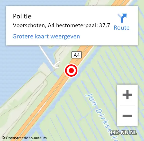 Locatie op kaart van de 112 melding: Politie Voorschoten, A4 hectometerpaal: 37,7 op 22 oktober 2024 08:41