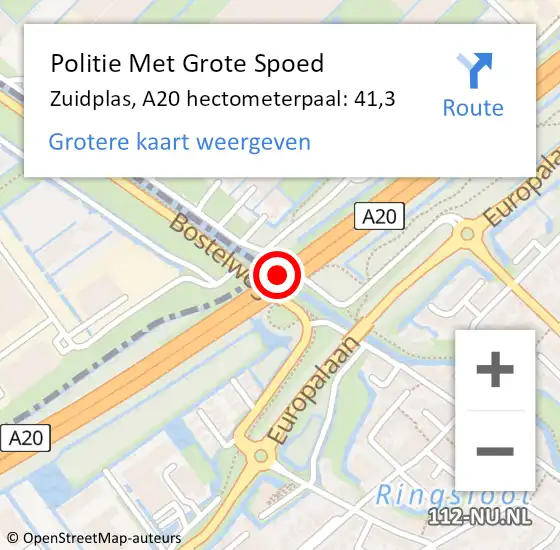 Locatie op kaart van de 112 melding: Politie Met Grote Spoed Naar Zuidplas, A20 hectometerpaal: 41,3 op 22 oktober 2024 09:10