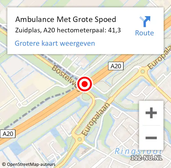 Locatie op kaart van de 112 melding: Ambulance Met Grote Spoed Naar Zuidplas, A20 hectometerpaal: 41,3 op 22 oktober 2024 09:12