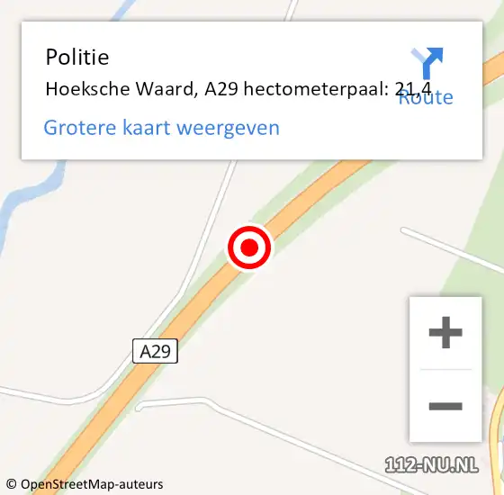 Locatie op kaart van de 112 melding: Politie Hoeksche Waard, A29 hectometerpaal: 21,4 op 22 oktober 2024 09:59