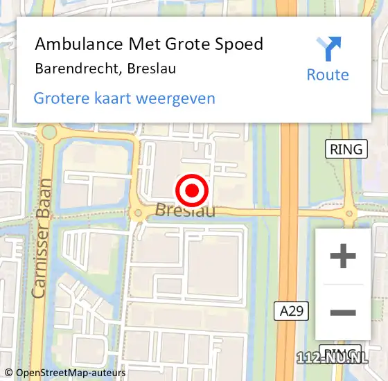 Locatie op kaart van de 112 melding: Ambulance Met Grote Spoed Naar Barendrecht, Breslau op 22 oktober 2024 10:20