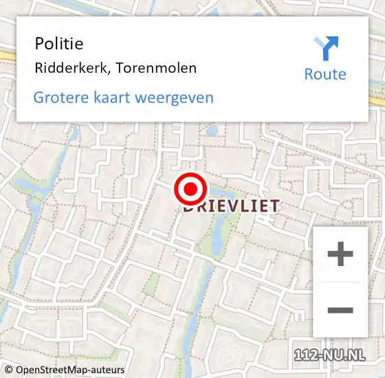 Locatie op kaart van de 112 melding: Politie Ridderkerk, Torenmolen op 22 oktober 2024 11:10