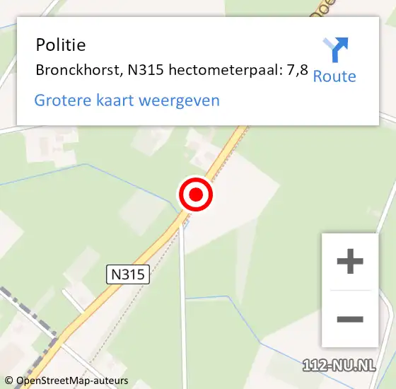 Locatie op kaart van de 112 melding: Politie Bronckhorst, N315 hectometerpaal: 7,8 op 22 oktober 2024 11:20