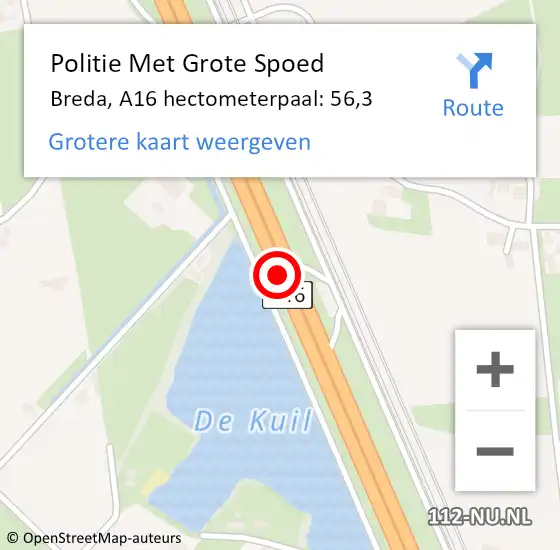 Locatie op kaart van de 112 melding: Politie Met Grote Spoed Naar Breda, A16 hectometerpaal: 56,3 op 22 oktober 2024 11:26