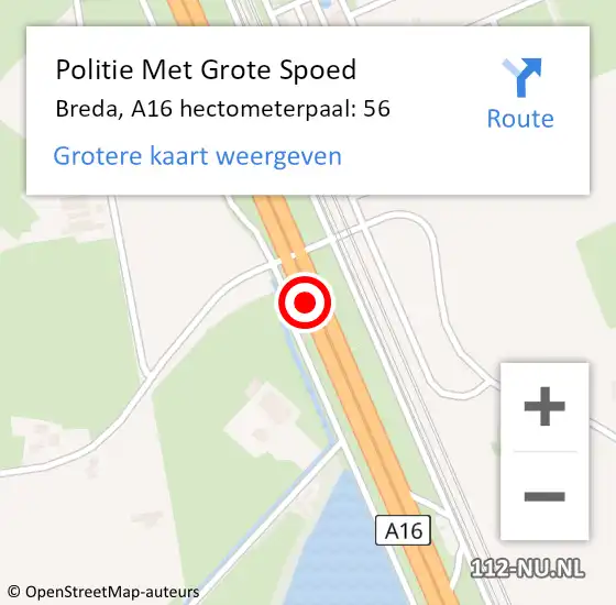 Locatie op kaart van de 112 melding: Politie Met Grote Spoed Naar Breda, A16 hectometerpaal: 56 op 22 oktober 2024 11:28