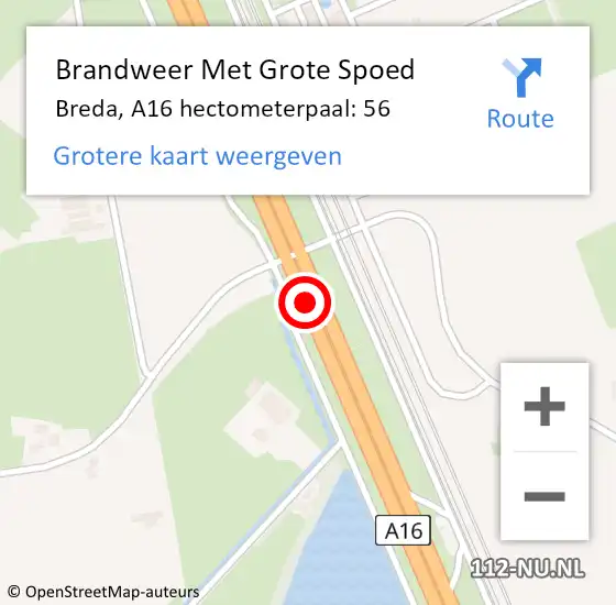 Locatie op kaart van de 112 melding: Brandweer Met Grote Spoed Naar Breda, A16 hectometerpaal: 56 op 22 oktober 2024 11:28