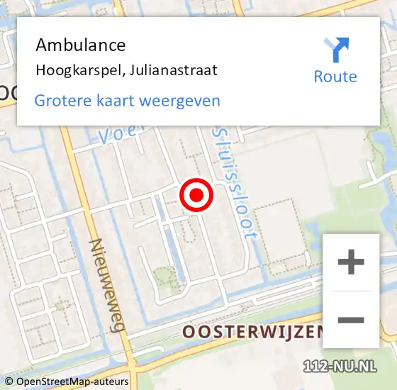 Locatie op kaart van de 112 melding: Ambulance Hoogkarspel, Julianastraat op 22 oktober 2024 11:44