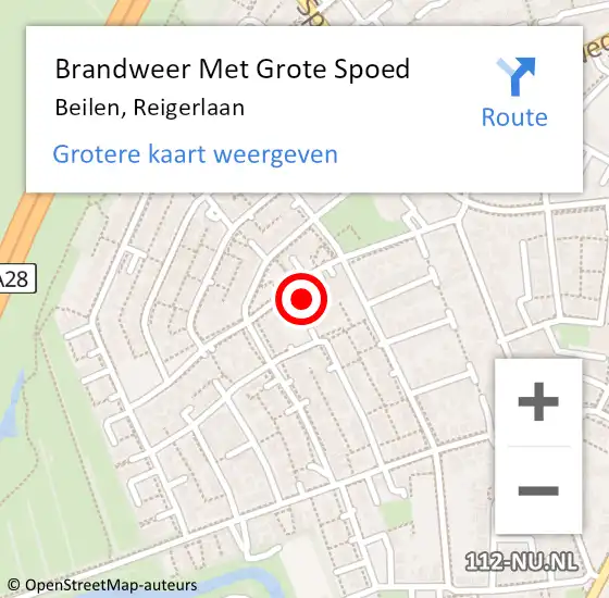 Locatie op kaart van de 112 melding: Brandweer Met Grote Spoed Naar Beilen, Reigerlaan op 22 oktober 2024 12:16