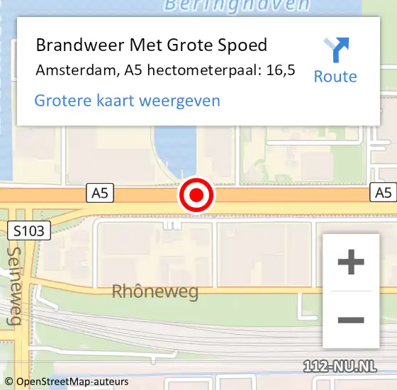 Locatie op kaart van de 112 melding: Brandweer Met Grote Spoed Naar Amsterdam, A5 hectometerpaal: 16,5 op 22 oktober 2024 12:29