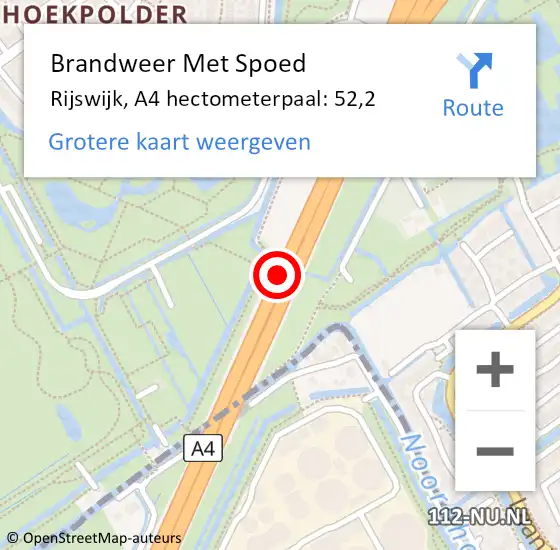 Locatie op kaart van de 112 melding: Brandweer Met Spoed Naar Rijswijk, A4 hectometerpaal: 52,2 op 22 oktober 2024 13:07