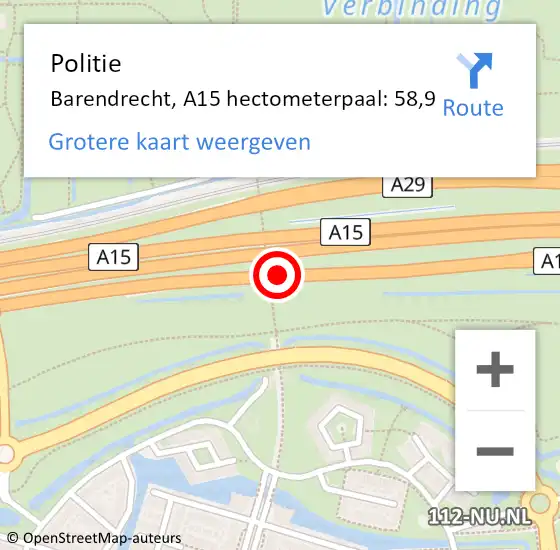 Locatie op kaart van de 112 melding: Politie Barendrecht, A15 hectometerpaal: 58,9 op 22 oktober 2024 13:13