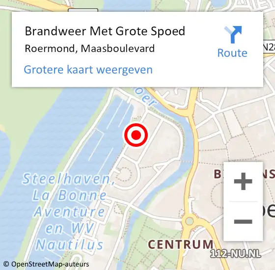 Locatie op kaart van de 112 melding: Brandweer Met Grote Spoed Naar Roermond, Maasboulevard op 22 oktober 2024 13:30