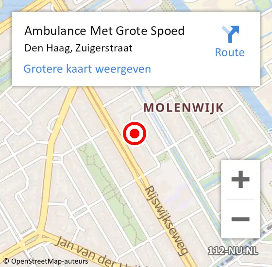 Locatie op kaart van de 112 melding: Ambulance Met Grote Spoed Naar Den Haag, Zuigerstraat op 22 oktober 2024 13:47