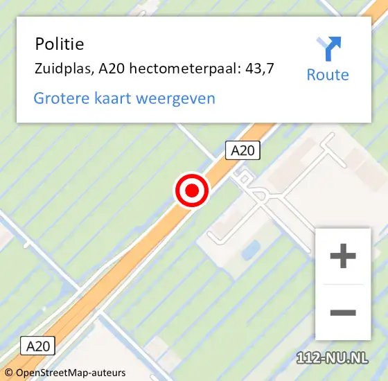 Locatie op kaart van de 112 melding: Politie Zuidplas, A20 hectometerpaal: 43,7 op 22 oktober 2024 14:47