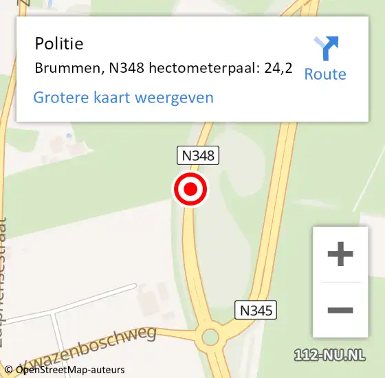 Locatie op kaart van de 112 melding: Politie Brummen, N348 hectometerpaal: 24,2 op 22 oktober 2024 15:06