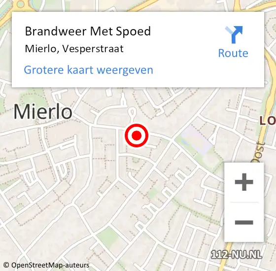 Locatie op kaart van de 112 melding: Brandweer Met Spoed Naar Mierlo, Vesperstraat op 22 oktober 2024 15:42