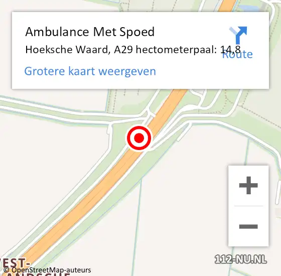 Locatie op kaart van de 112 melding: Ambulance Met Spoed Naar Hoeksche Waard, A29 hectometerpaal: 14,8 op 22 oktober 2024 15:48