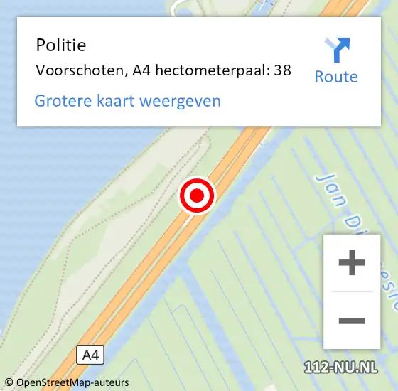 Locatie op kaart van de 112 melding: Politie Voorschoten, A4 hectometerpaal: 38 op 22 oktober 2024 16:19