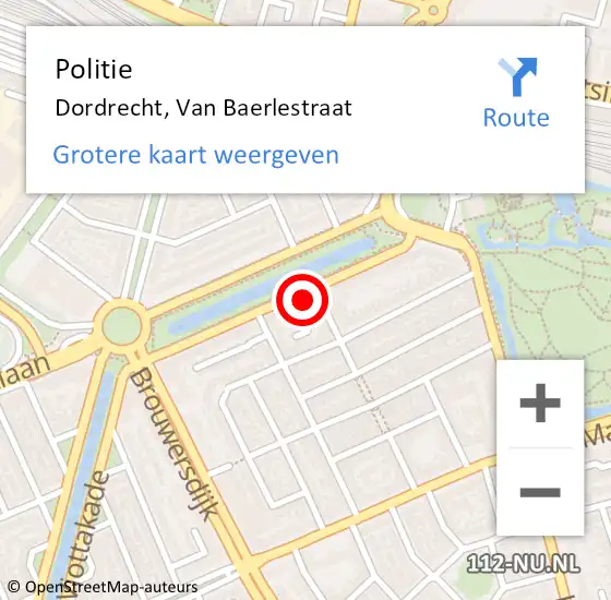 Locatie op kaart van de 112 melding: Politie Dordrecht, Van Baerlestraat op 22 oktober 2024 16:32