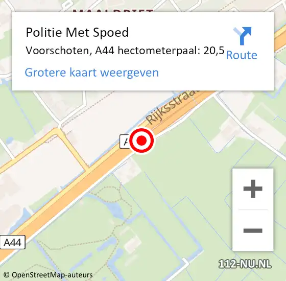 Locatie op kaart van de 112 melding: Politie Met Spoed Naar Voorschoten, A44 hectometerpaal: 20,5 op 22 oktober 2024 16:41